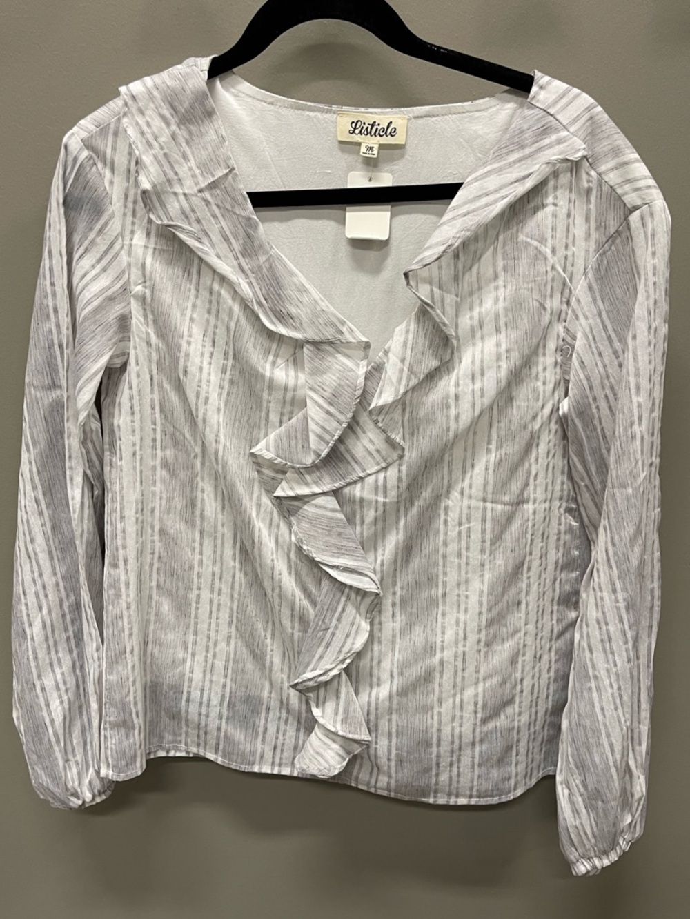 Listicle White & Gray Striped Ruffle-Front Blouse